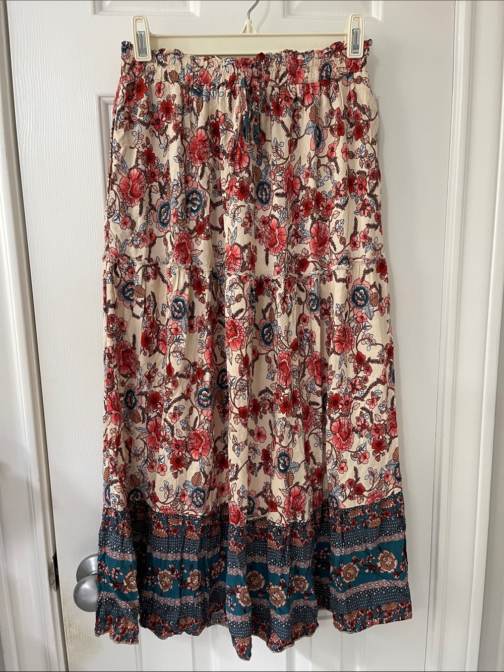 Tiered Floral Maxi Skirt in Cream and Red